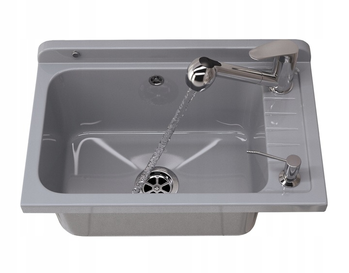 ZLEW GOSPODARCZY KOMORA SZARA BATERIA WYCIĄGANA DOZOWNIK ZESTAW MONZA