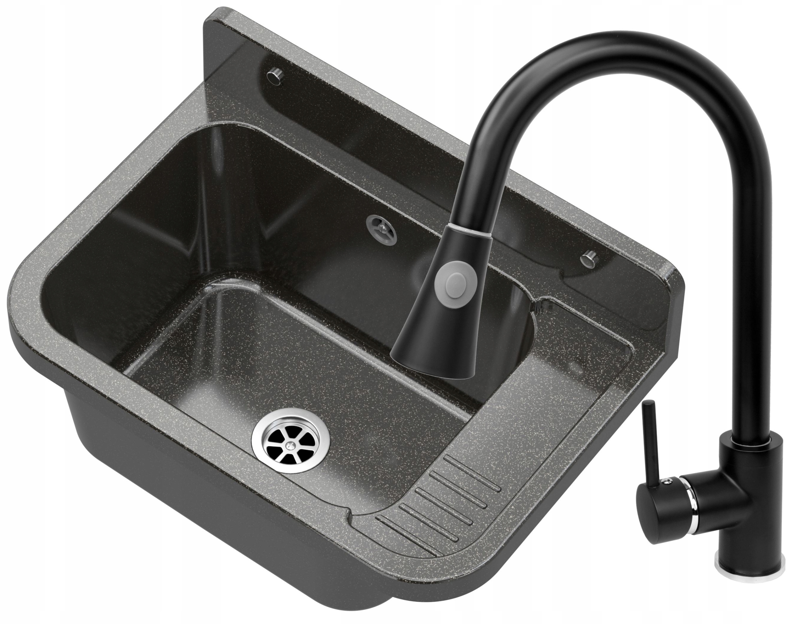 CZARNY ZLEW GOSPODARCZY KOMORA BATERIA Z WYCIĄGANĄ WYLEWKĄ ZESTAW PARON