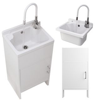 ZLEW GOSPODARCZY KOMORA BIAŁA BATERIA ELASTYCZNA SZAFKA PCV ZESTAW LOMA