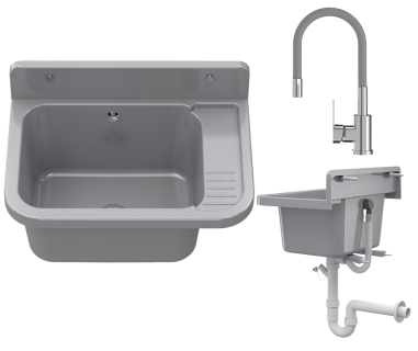 ZLEW GOSPODARCZY SZARY KOMORA TECHNICZNA BATERIA Z ELASTYCZNĄ WYLEWKĄ PARON