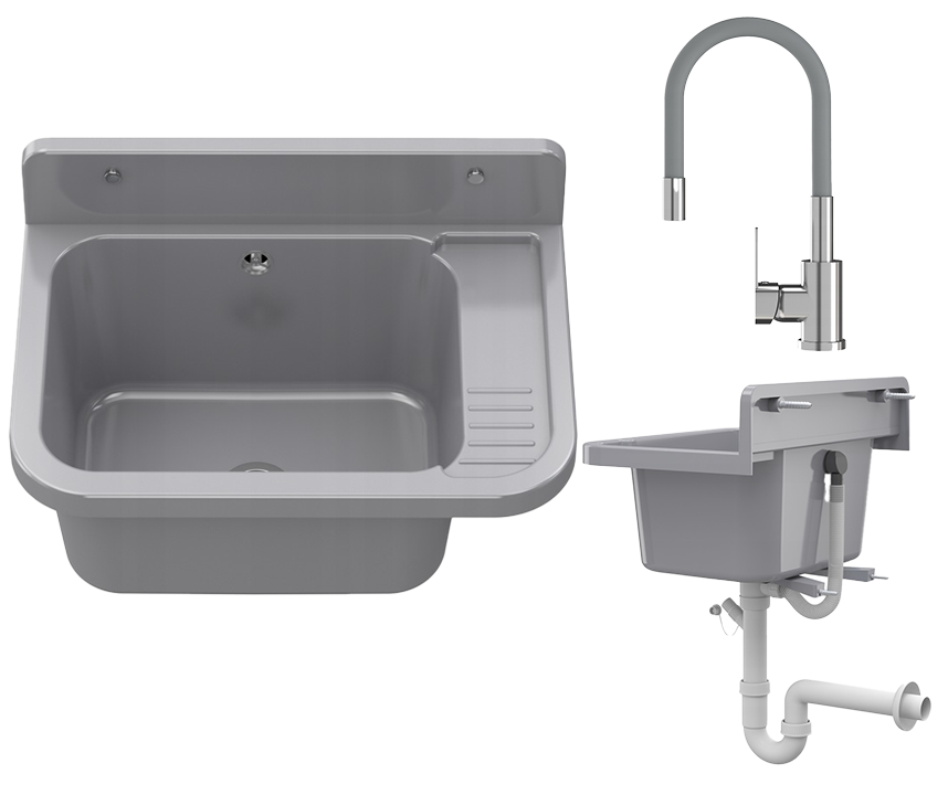 ZLEW GOSPODARCZY SZARY KOMORA TECHNICZNA BATERIA Z ELASTYCZNĄ WYLEWKĄ PARON